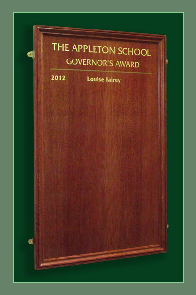 Colour matched red oak awards board naming Appleton school pupils awarded the Governors Award for pupils