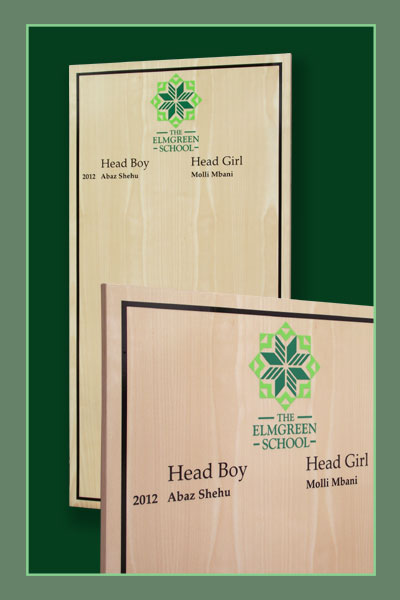 Natural beech honours board listing head boys and girls at Elmgreen School in London