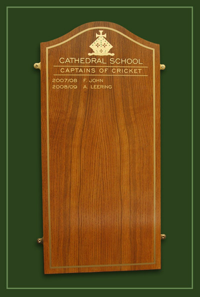 A captains of cricket honour board made from oak and produced for the Cathedral School in Cardiff, Wales
