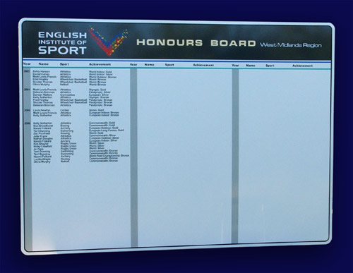 Dibond aluminium composite honours board displaying the names of high athletic achievements by members of the West Midlands branch of the English Institute of Sport
