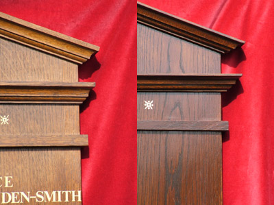 This image shows a close up of the oak mouldings used in the reproduction of a sixty year old Masonic Lodge Roll of Worshipful Masters