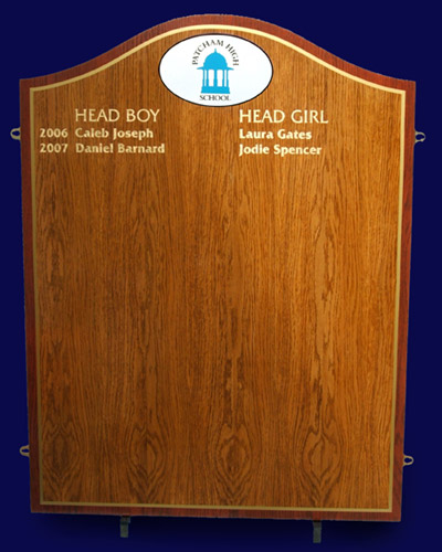 Patcham High School honour board displaying the names of head girls and boys
