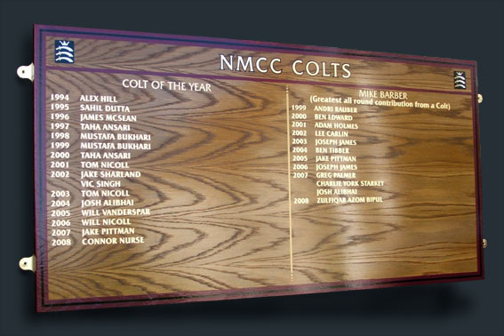 A crown grained oak honour board with maroon border produced for Middlesex Cricket Club Colts