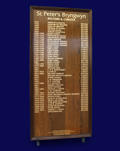 An oak veneered board at St Peter's Church in South Wales listing the names in gold leaf of rectors and curates since 1352
