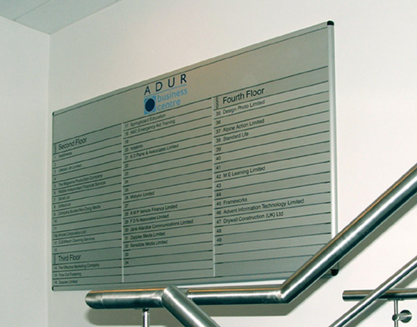 Aluminium office directory sign produced using the Slatz system from Spandex finished in anodised silver
