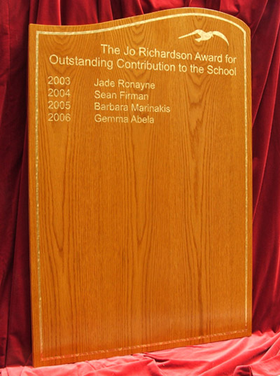 Honour board with gold lettering produced for the Jo Richardson Community School in Essex