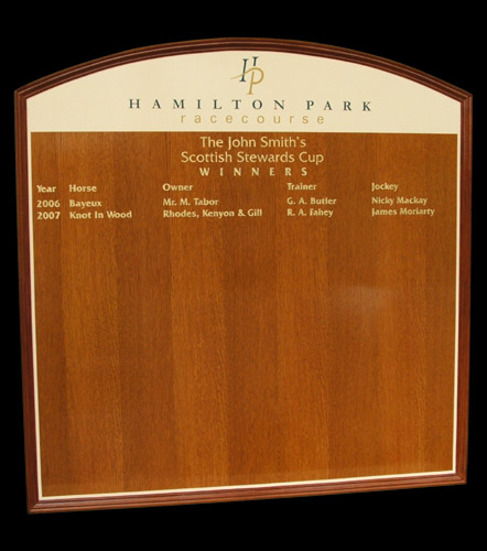 This winners board shows the names of horses that have won the Scottish Stewards Cup sponsored by John Smith's