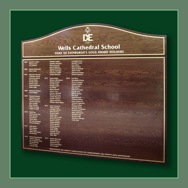 The names of students who are awarded the Duke of Edinburgh gold medal are displayed on this oak veneered honours board at Wells Cathedral School