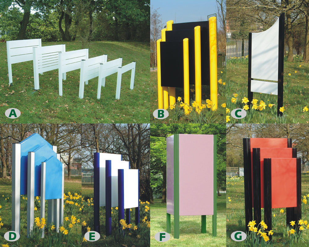 Examples of estate signs all made from powder coated aluminium and stainless steel