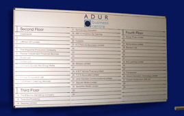 An internal office directory sign made from silver finished anodised aluminium